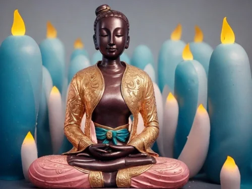 A Hindu individual in deep meditation surrounded by lit candles