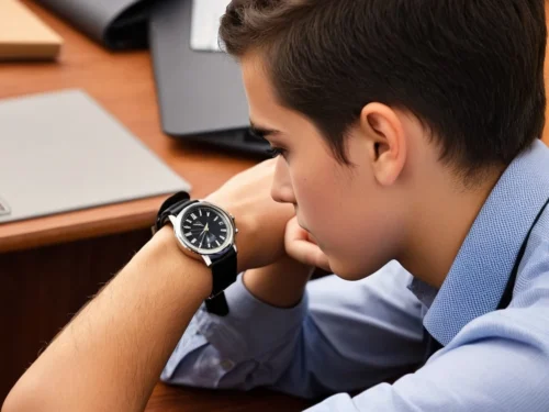 A stressed student looking at his watch in class, showing signs of fatigue and anxiety from lack of rest.