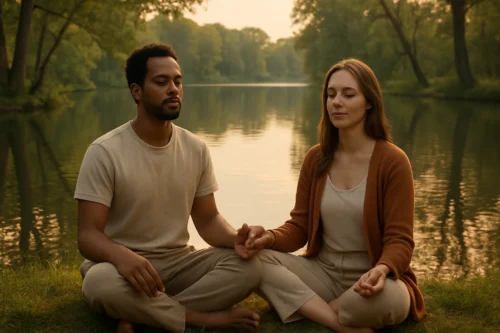 Couple practicing mindfulness together in nature, building a loving and connected relationship