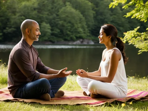 A couple smiling and meditating face-to-face on the ground in front of a lake within a forest.