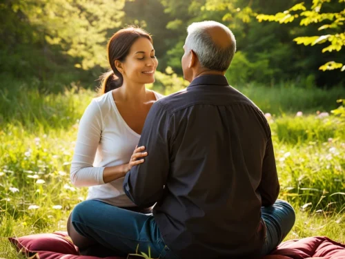A couple meditating on the ground in a serene natural setting