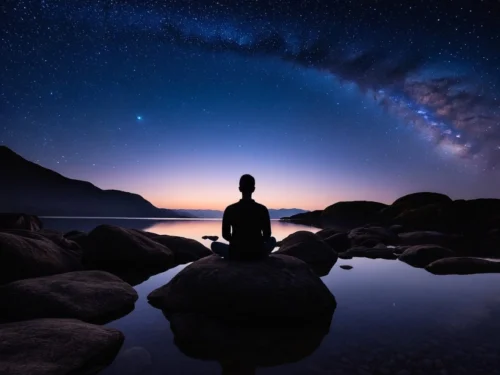 A man sitting on a rock at night, gazing at the sea under the moonlight
