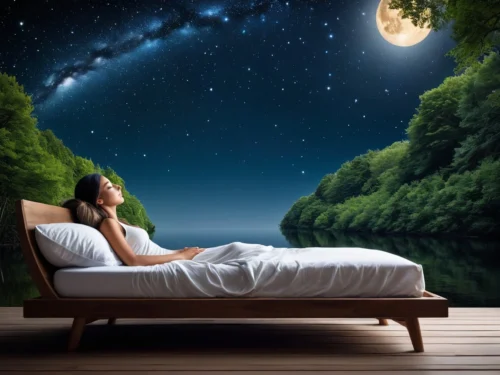 A woman lying on her bed at night, illuminated by the light of the full moon