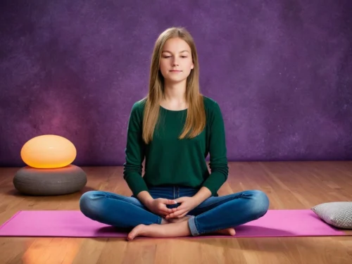 A teenage girl meditating calmly in her cozy bedroom, seated cross-legged on a patterned rug, eyes closed, hands resting gently on her knees. Soft sunlight streams through gauzy curtains, with fairy lights and a small potted plant nearby