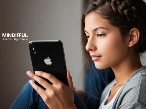 A teenage girl sitting cross-legged in a forest, eyes closed, meditating with guided audio from her smartphone resting on a log in front of her. Sunlight filters through trees, blending nature and technology