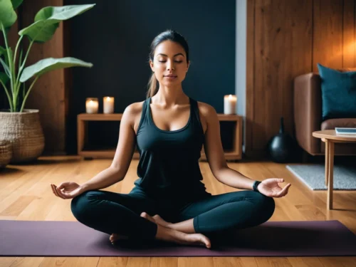 A woman in sportswear sits cross-legged on a floor mat during a meditation session at home, eyes closed and hands resting gently on her knees, surrounded by soft natural light, potted plants, and a serene minimalist space