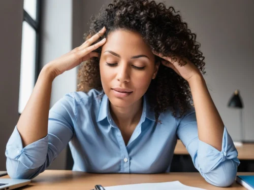 A focused female student sits at a cluttered study desk, cradling her head in her hands with closed eyes, surrounded by open textbooks, scattered notes, and a glowing desk lamp in a quiet room