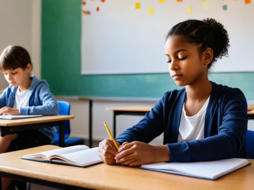 A teenage girl sits at a classroom desk, deeply focused on her work. Her eyes are fixed on an open notebook, a pencil in hand, surrounded by textbooks, a laptop, and a chalkboard with faint equations in the background