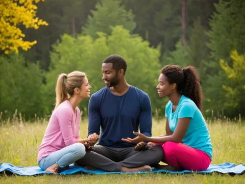 A young person and two girls sitting cross-legged in a serene natural setting, practicing mindfulness with closed eyes and deep breathing, surrounded by lush greenery and dappled sunlight.