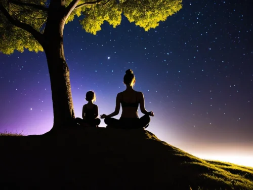 A woman and her child sitting peacefully under a tree at night, surrounded by nature
