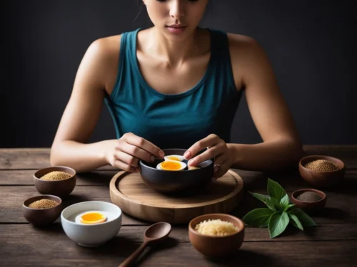 A woman eating a small, simple meal after meditating, seated in a calm and mindful setting