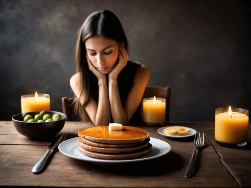 A woman sitting quietly in front of a very modest meal, reflecting a simple and intentional fasting practice