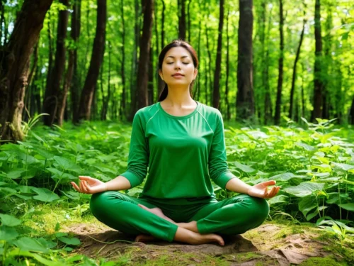 Woman meditating in peaceful forest setting surrounded by tall trees and dappled sunlight filtering through leaves