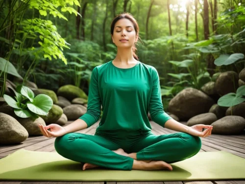 Woman meditating in natural setting facing large rock formations, embodying peaceful connection between human consciousness and the enduring elements of nature.