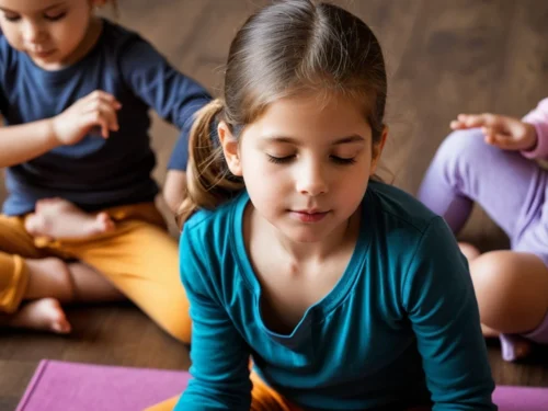 Classroom of children peacefully practicing meditation together during mindfulness session