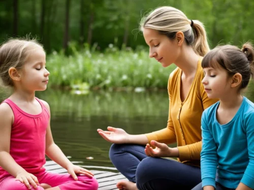 Mother and two children practicing mindfulness meditation by a peaceful riverside