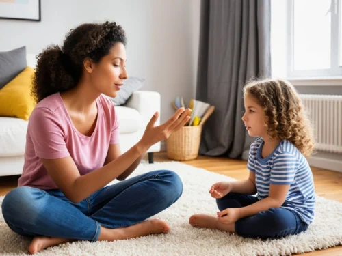 Mother and young daughter sitting cross-legged on a rug, practicing mindfulness meditation together in a peaceful indoor setting