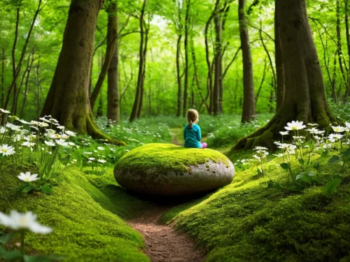 Young girl sitting on large rock surrounded by lush green nature