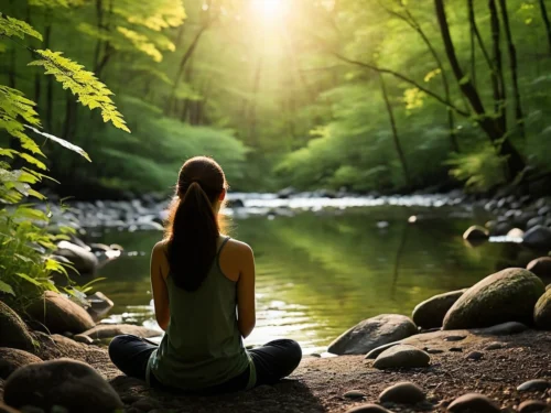 Woman sitting in meditation pose by a serene lake surrounded by natural landscape
