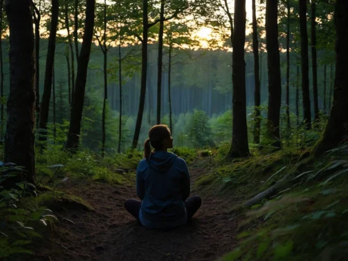 Young woman sitting in meditation posture surrounded by forest trees during twilight hours