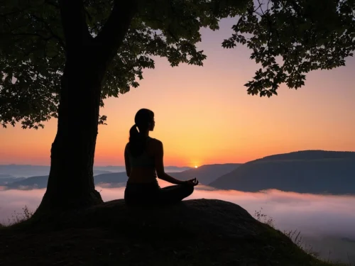 Young woman meditating in lotus position beneath large tree during twilight with dappled evening light