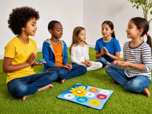 Group of children sitting in circle playing mindfulness meditation game together