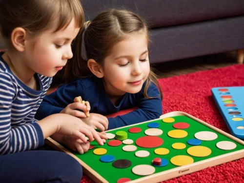 Two young girls sitting on rug in living room playing mindful thinking game together