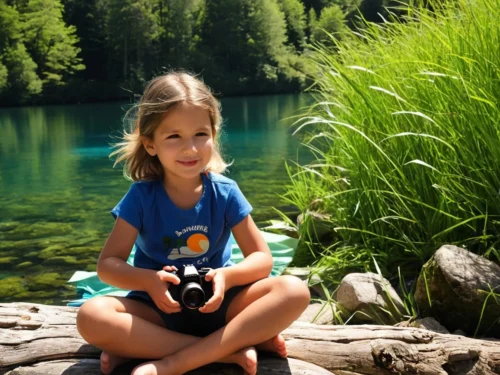 Smiling young girl sitting peacefully on tree trunk holding camera in her hands