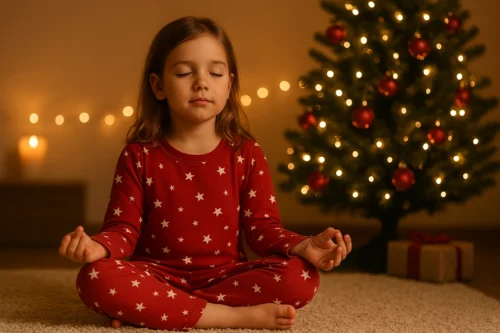 Young girl meditating peacefully in her bedroom with illuminated Christmas tree in background