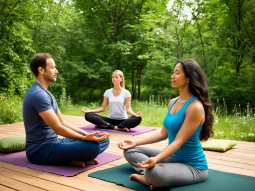 Woman with her husband and daughter sitting together in meditation pose outdoors in natural setting