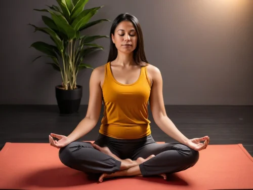 Young mother sitting cross-legged in meditation pose with eyes closed, practicing mindfulness in peaceful home setting