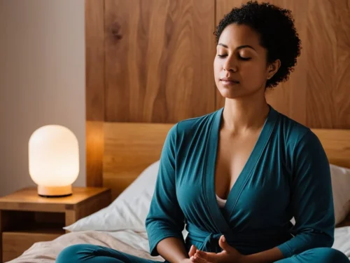 Pregnant woman sitting peacefully on bed in meditation pose with hands resting on belly, practicing prenatal mindfulness