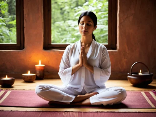 Woman meditating on floor surrounded by candles in cozy home living room setting
