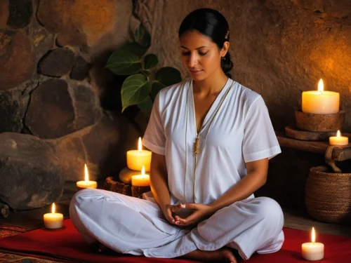 Woman sitting in prayer position surrounded by lit candles on floor in peaceful meditation setting