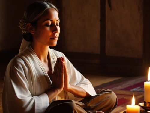 Woman kneeling in prayer on living room floor in peaceful home setting