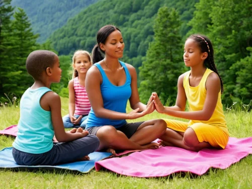 Woman leading three children in a mindfulness session while sitting together in a forest