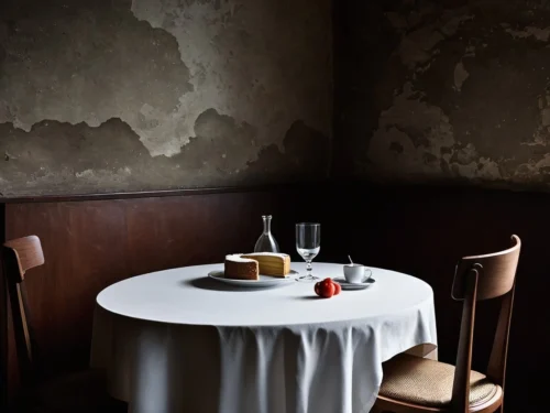 Empty dining table with coffee cup and cheese plate, no person present