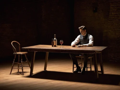 Solitary man sitting alone at dining table in near complete darkness