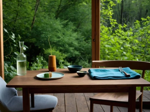 Empty dining table with water bottle on outdoor terrace overlooking forest, no person present