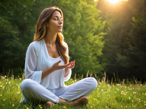 Woman sitting cross-legged on the ground in a natural outdoor setting, eyes closed in peaceful meditation surrounded by trees and greenery