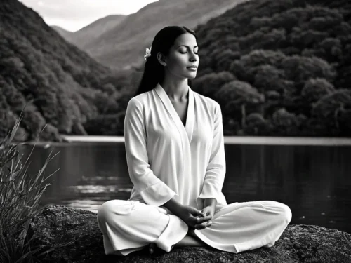 Woman sitting in meditation posture on the ground beside a tranquil lake, with calm water reflecting the peaceful natural surroundings