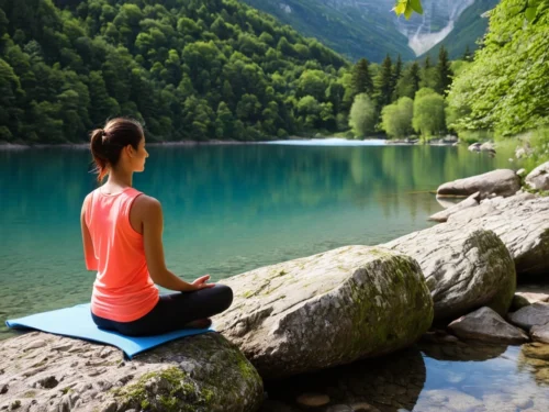 Woman sitting on rock by lake in meditation pose, practicing mindfulness in peaceful natural setting