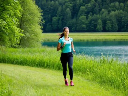 Woman running on path beside lake, practicing mindful movement during outdoor fitness workout