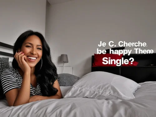 Happy woman smiling peacefully alone in bed