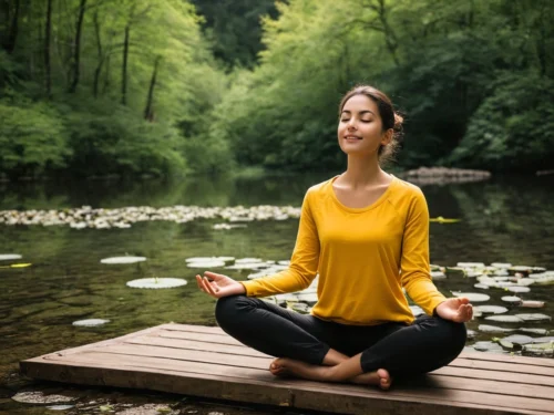 Smiling woman meditating peacefully alone in forest setting
