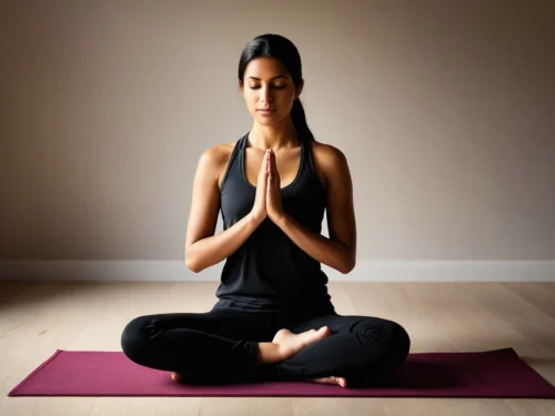 Woman practicing mindfulness meditation sitting on floor in cozy living room at home