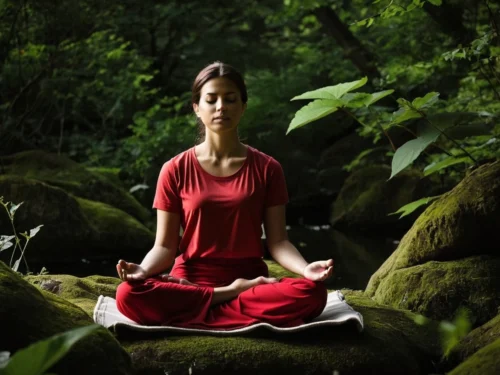 Woman practicing mindfulness meditation sitting cross-legged on ground in natural outdoor environment surrounded by greenery