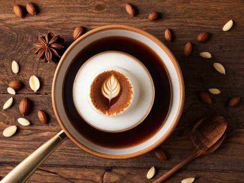 Beautifully presented latte coffee cup on table with coffee beans and pistachio nuts arrangement