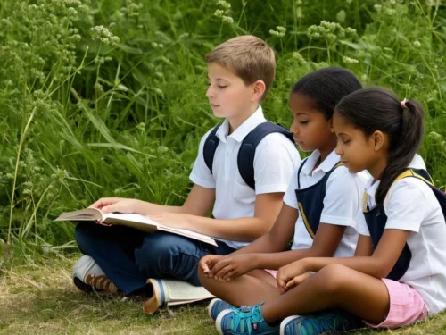 Three young students sitting cross-legged in garden practicing mindfulness meditation with open book