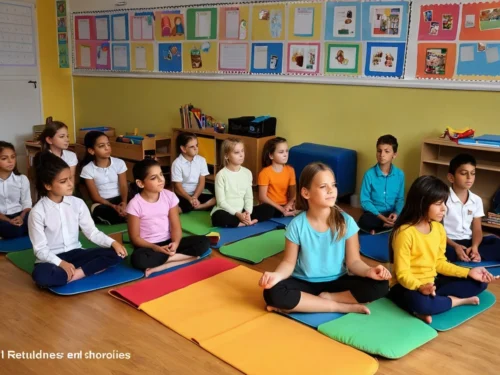 Classroom of students sitting on exercise mats practicing group meditation session